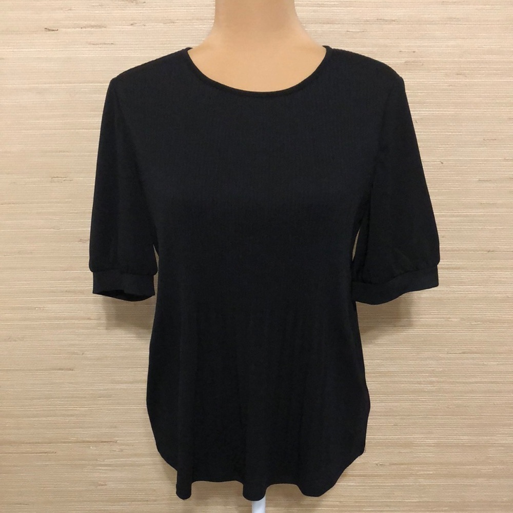Adrianna Papell Black Women's Ribbed Short Sleeve Pleaded Peplum Blouse sz Small